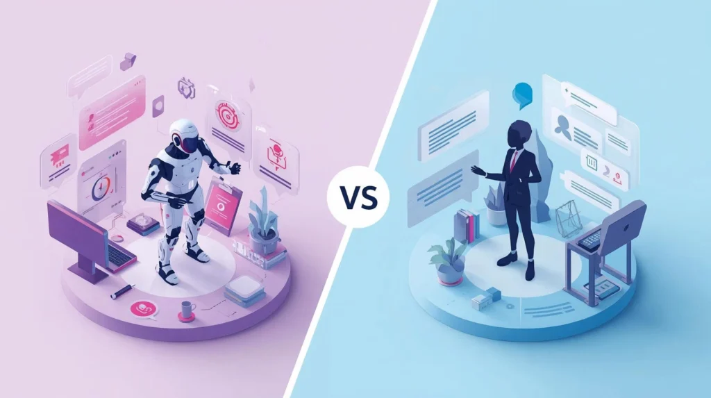 computer-generated visual of a robot and human doing administrative tasks side by side