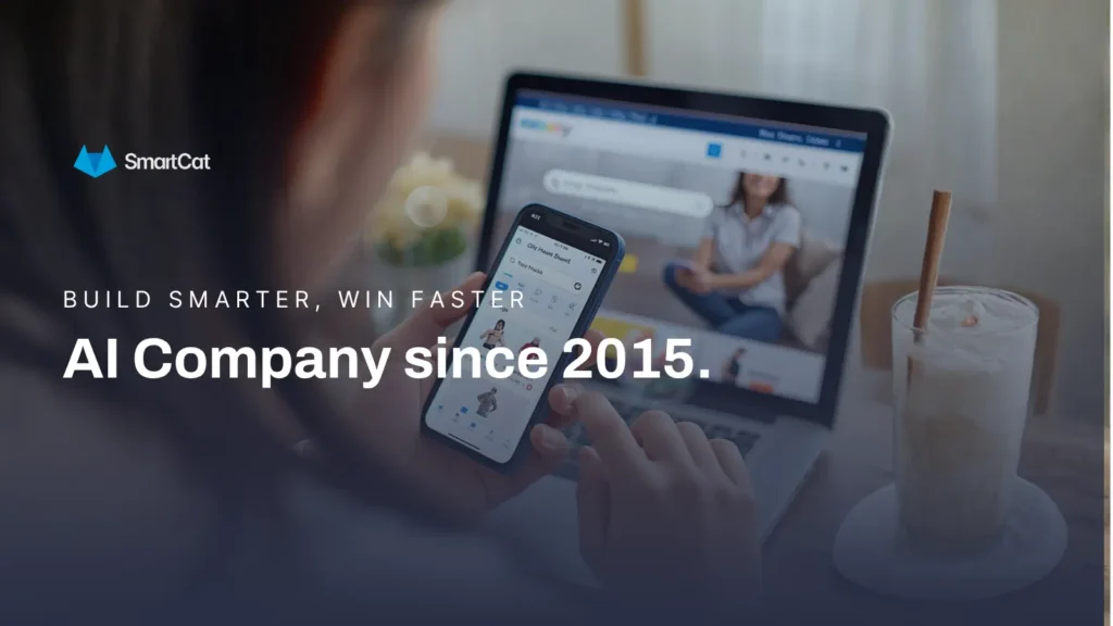 A person viewing a website using their smartphone, with SmartCat copy pasted over it