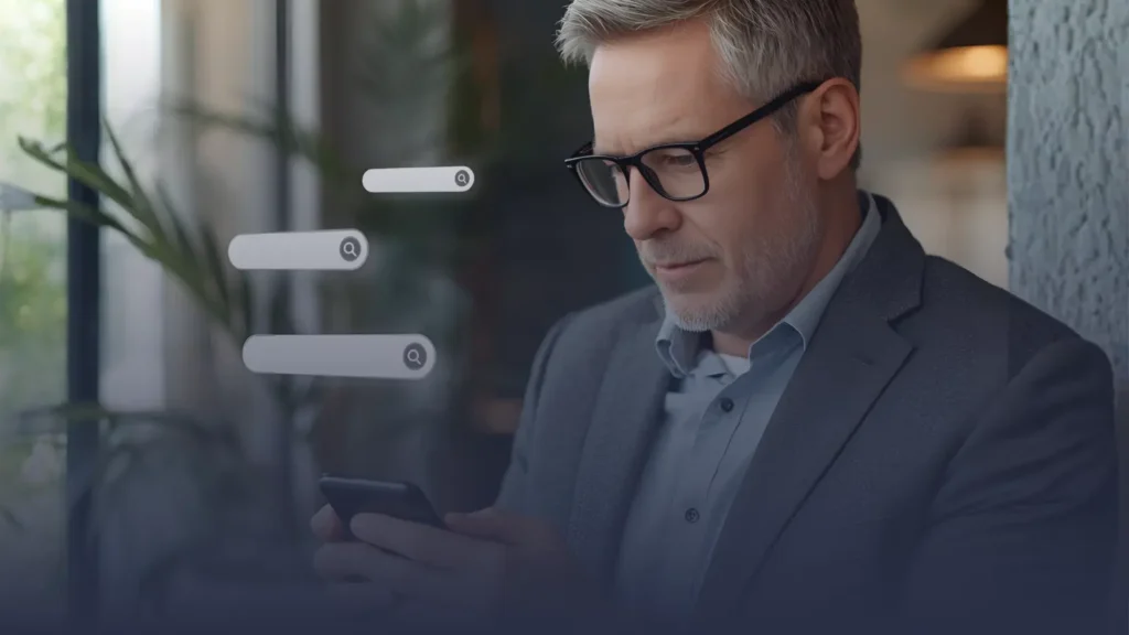 A man with glasses looks up terms online